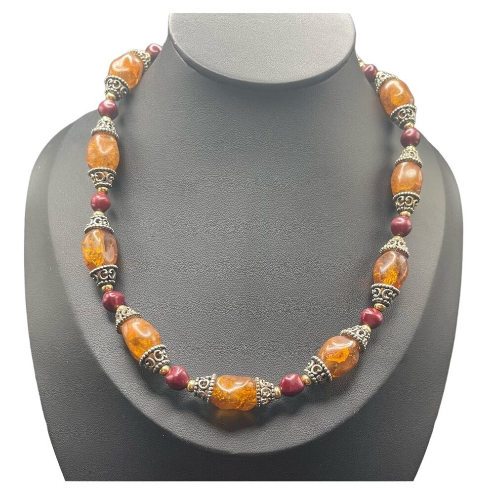 18" Necklace Reconstituted Amber & Red Beads Silver Tone Caps Colorful Beaded